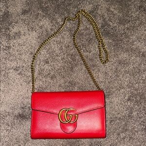 Red Crossbody Bag with Gold Chain